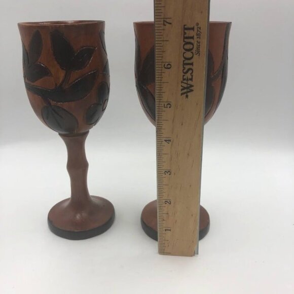 Vintage Hand Carved Wood Goblets Floral Design Collectible Set of 2 - Picture 11 of 12